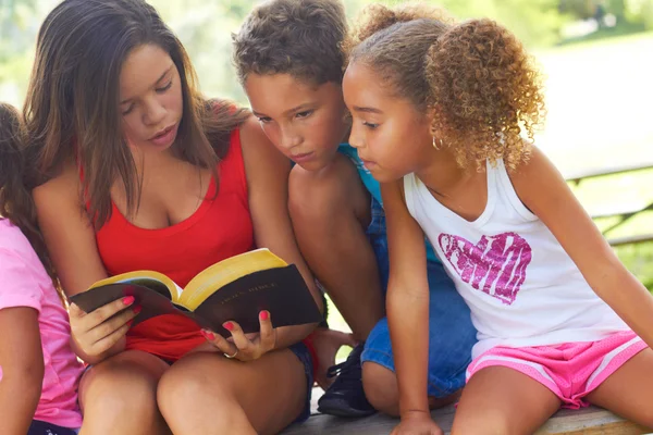 Teenage Girl Reading Bible To Siblings At Park