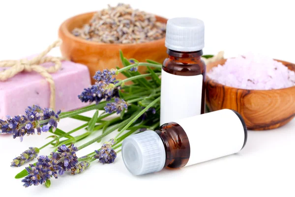 Lavender oil, lavender bath salt, soap on white background
