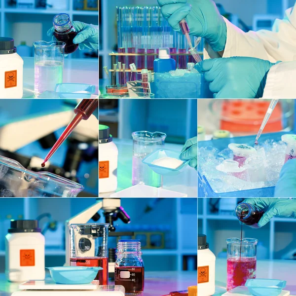 Researchers work in modern scientific lab, collage. Preparation