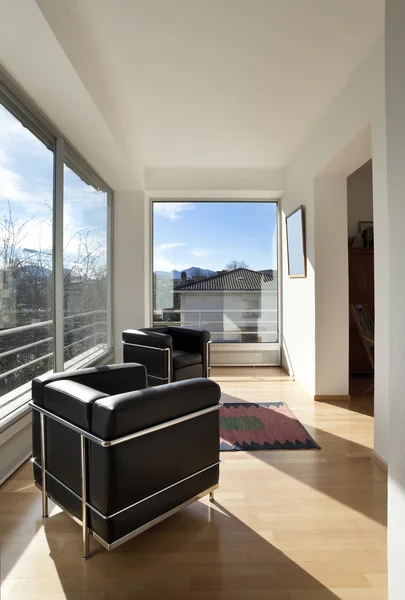 Interior of a modern apartment, room with panoramic window