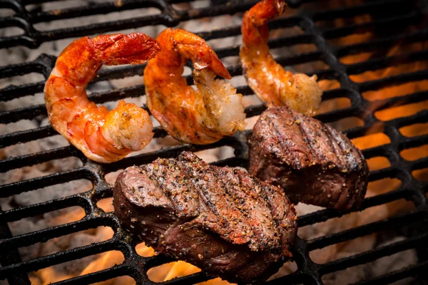 Jumbo Shrimp and Steak on a Grill