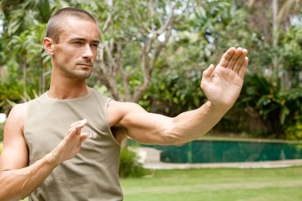 Attractive young man focused on doing his martial arts training in a tropical garden.