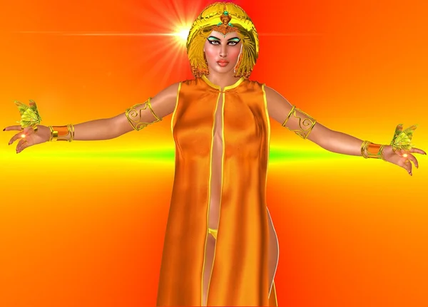 Sun goddess, on an orange abstract background stands an Egyptian sun goddess with her arms open and butterflies resting on each hand