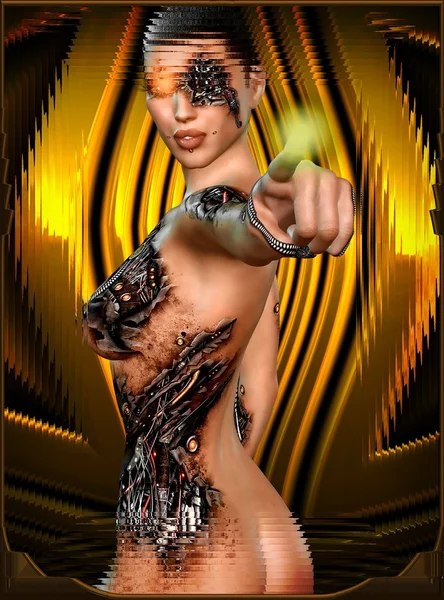 A robot woman points her finger in warning. Her skin is torn revealing her digital components within.