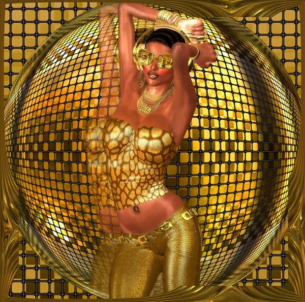 Disco ball dance girl. A sexy girl dances in front of a gold disco ball while wearing gold sunglasses, pants and a halter top. The DJ plays her favorite music as she ignites the night with her moves