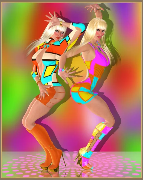 Two retro, disco dancing blonde girls on a n abstract background.