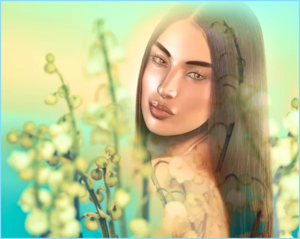 Spiritual woman in a field with soft glow lighting and flowers on an abstract gradient background.