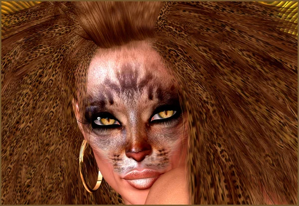 Cat Girl.  A woman embraces her inner feline as she is depicted wearing funky lion makeup, a wild hairstyle and cat eyes that mesmerize.