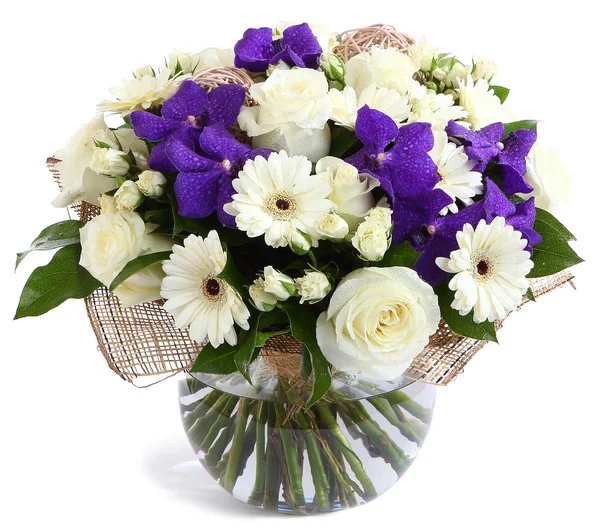 Floral composition in transparent vase: White roses, violet orchids, white gerbera daisies, green peas. Isolated on white. Floristic composition, design bouquet, floral arrangement. Purple orchids.