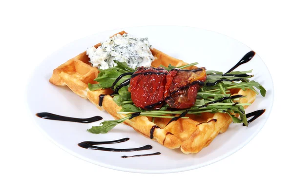 Belgian waffle with cream cheese and roasted Bulgarian pepper.