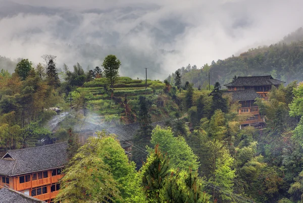 Rural landscape in the highlands of China, farmhouses ethnic village