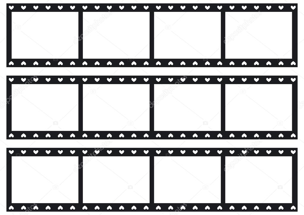 Three film strip with sprocket holes in heart shape. — Stock Vector