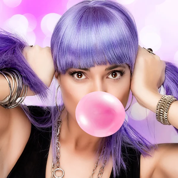 Lovely Stylish Party Girl. Purple Wig and Bubble Gum