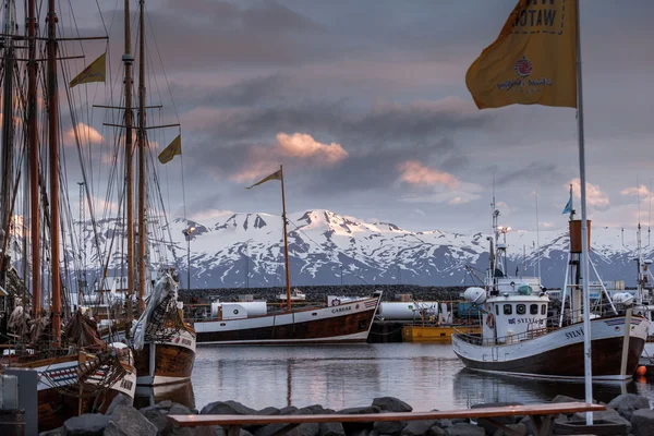 Boats anchored at Husavik harbor on Iceland