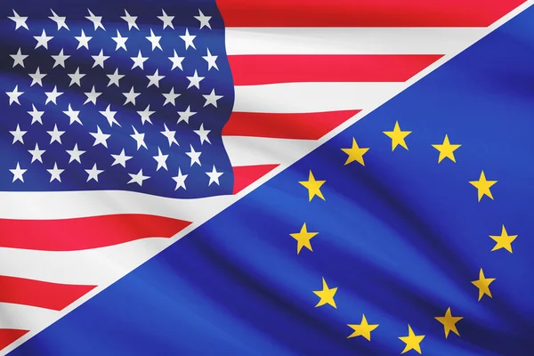 Series of ruffled flags. USA and European Union.