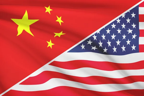 Series of ruffled flags. China and United States of America.