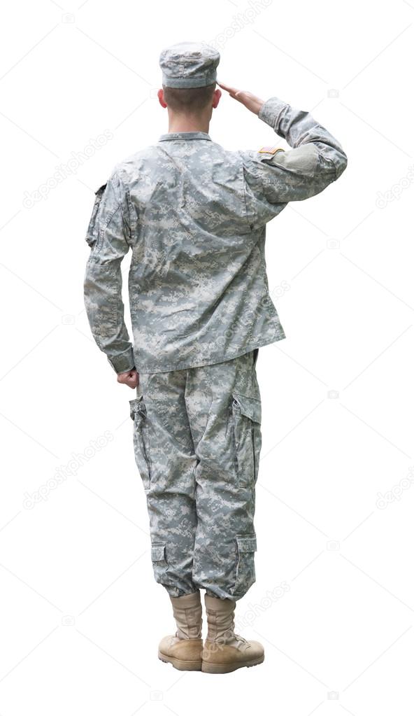 Nos soldado del ejército en saludando posición aislada en fondo blanco