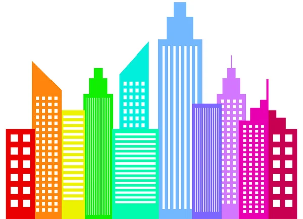 Rainbow Colored Modern City Skyscrapers Buildings Silhouettes