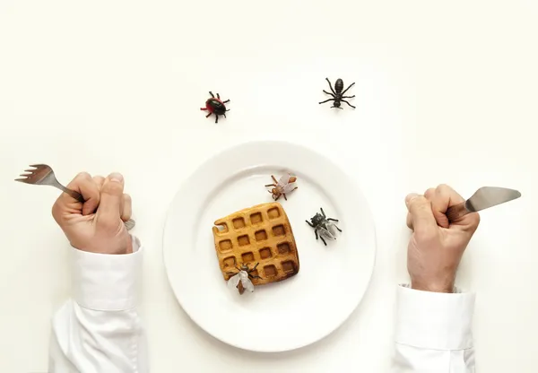Rotten food concept. Man holding fork and knife insects and bugs