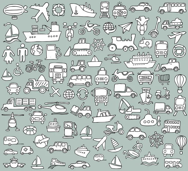Big doodled transportation icons collection in black-and-white