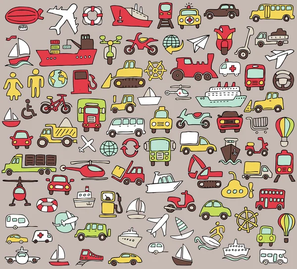 Big doodled transportation icons collection in colors