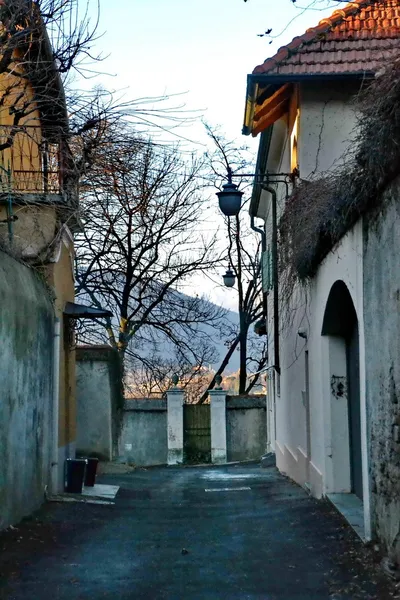 Rivoli. Turin. Italy. homes. roads. courtyards. window. door. lights and streetlights. winter. outdoor. people. walk.