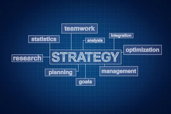Strategy planning concept word cloud on blueprint, technical dra