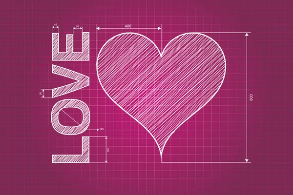 Abstract love heart blueprint, pink background with measures, scribbled style.