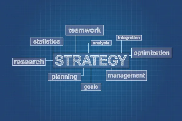 Strategy planning concept word cloud on blueprint, technical drawing.