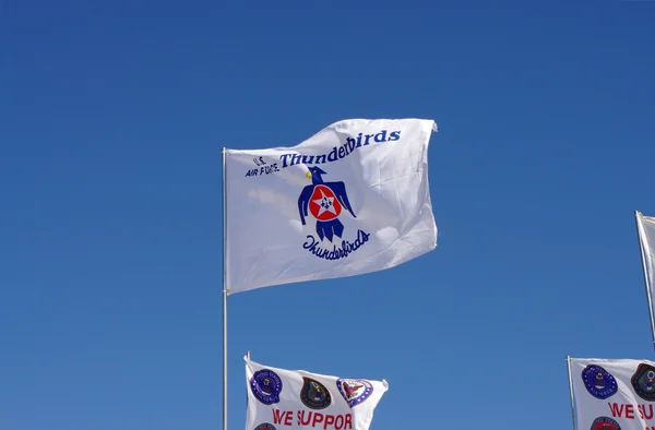 McGUIRE AIR FORE BASE-WRIGHTSTOWN, NEW JERSEY, USA-MAY 12: A flag featuring the logo of the United States Air Force THUNDERBIRDS was seen flying during the base\'s Open House held on May 12, 2012.
