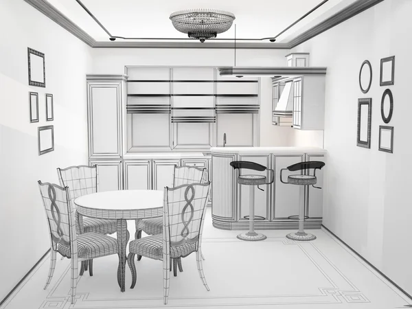 Black and white sketch of kitchen interior