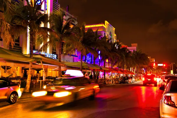 Ocean Drive scene at night lights, Miami beach, Florida.