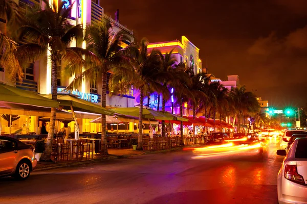 Ocean Drive scene at night lights, Miami beach, Florida, USA