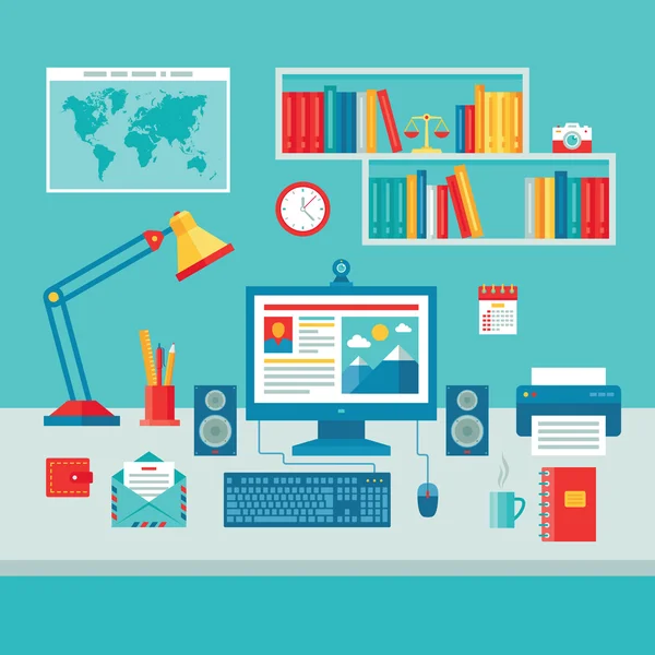 Home Business Office Workplace with Computer Monitor - Vector Illustration in Flat Design Style for presentation, booklet, web site etc.