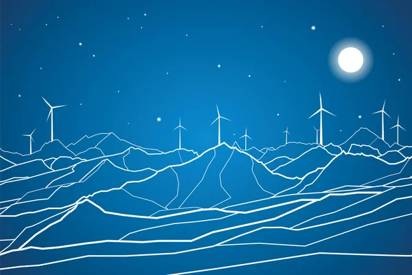 Vector lines, ecology, mountains landscape, windmills