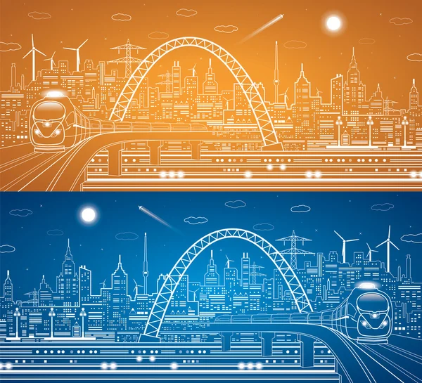 Vector lines train on the bridge, train on the background of the light city and plane fly, vector infrastructure panorama
