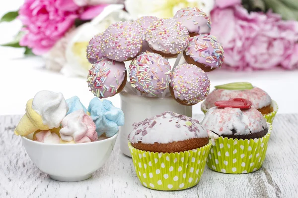 Pastel cake pops, cupcakes and marshmallows on rustic table