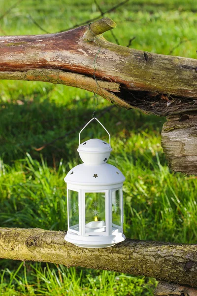 Beautiful white lantern in the garden. Sunny day, lush summer gr