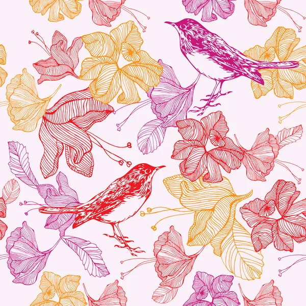 Flowers and birds. Seamless pattern. Vector illustration.