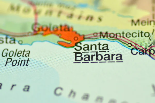A closeup of Santa Barbara, California in the USA on a map