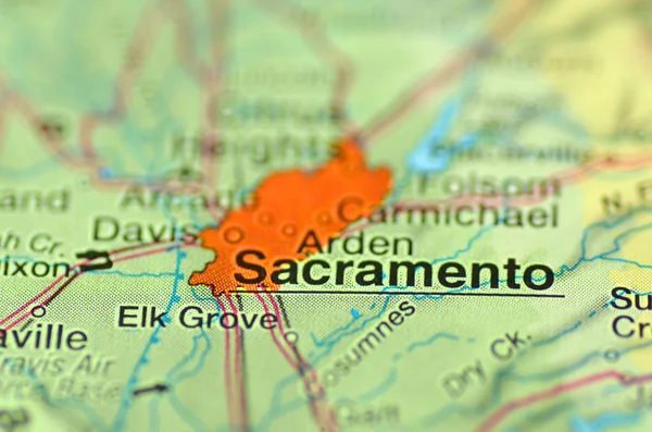 A closeup of Sacramento, California in the USA on a map