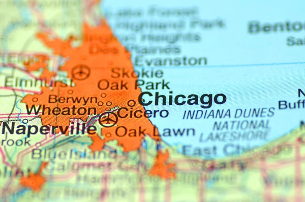 A closeup of Chicago, Illinois in the USA on a map