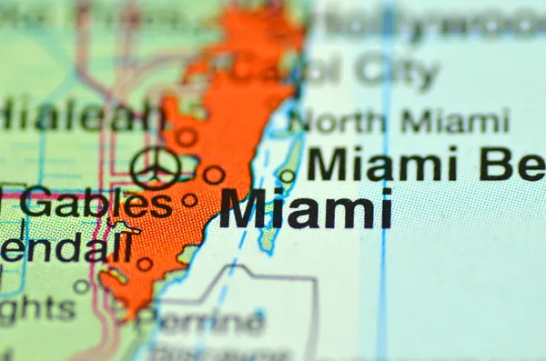 A closeup of Miami, florida in the USA on a map