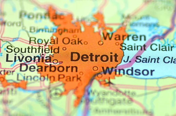 A closeup of Detroit, Michigan in the USA on a map