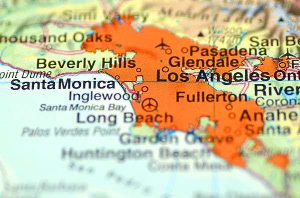 A closeup of Los Angeles, California in the USA on a map