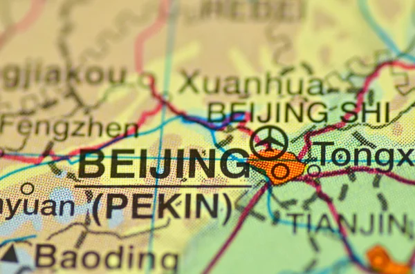 A closeup of Beijing in China on a map