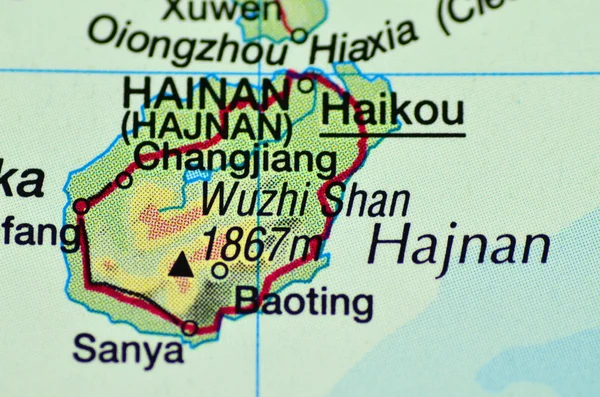A closeup of island Hainan in China on a map