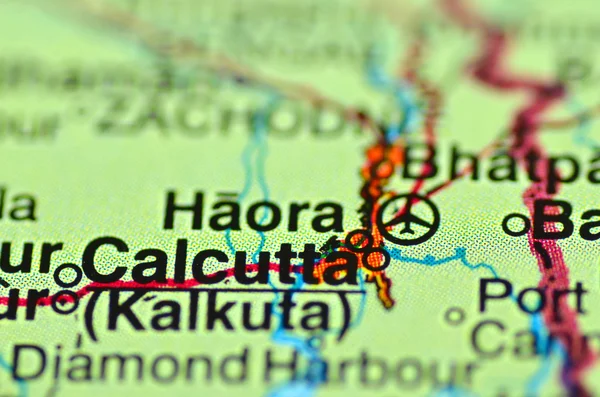 A closeup of Calcutta in India on a map