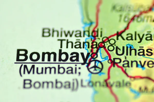 A closeup of Bombay in India on a map