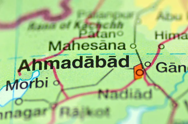 A closeup of Ahmadabad in India on a map